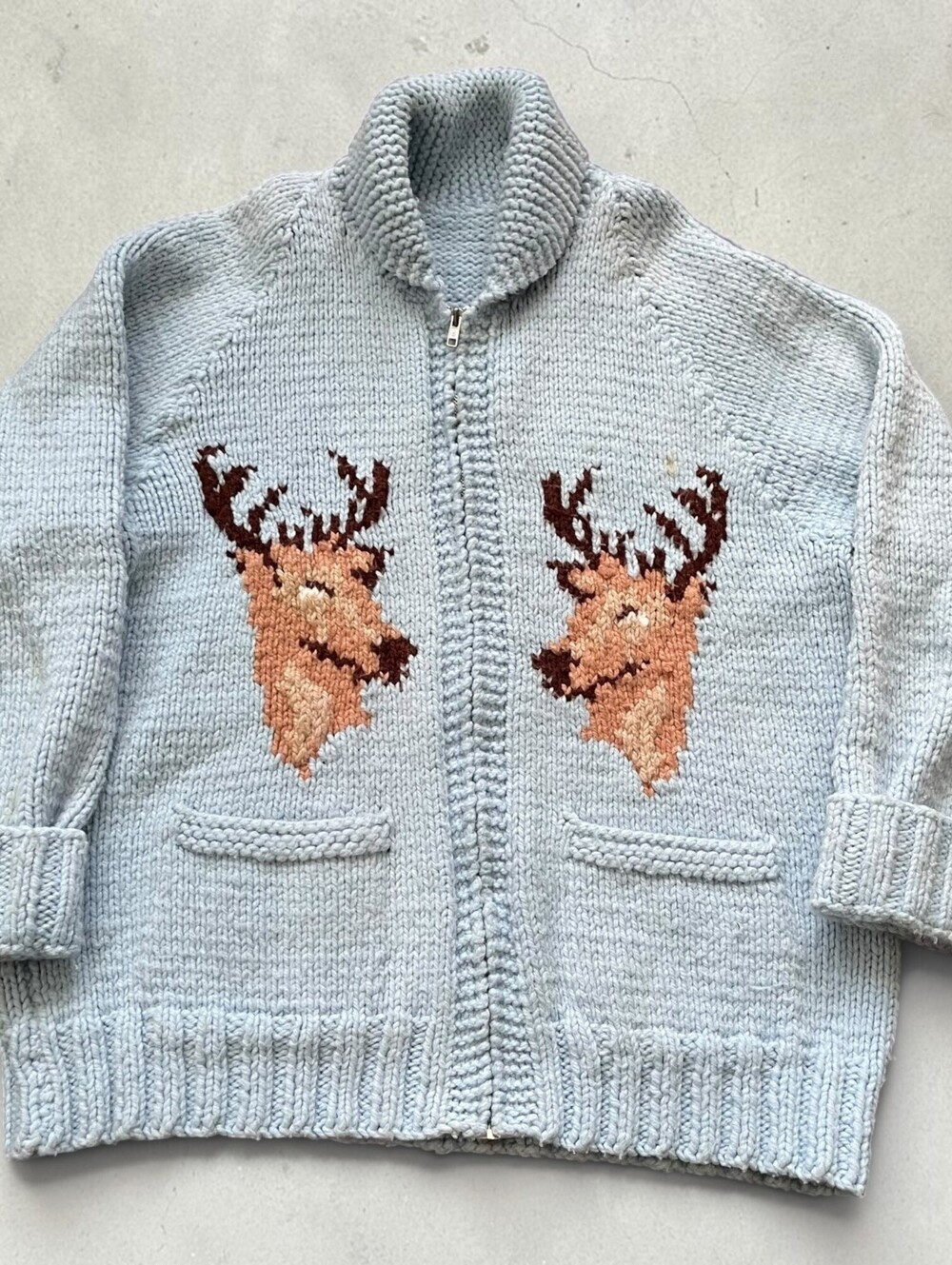 Vintage 1980s Knit Cowichan Style Knit Sweater Full Zip Deer Graphic Blue Large